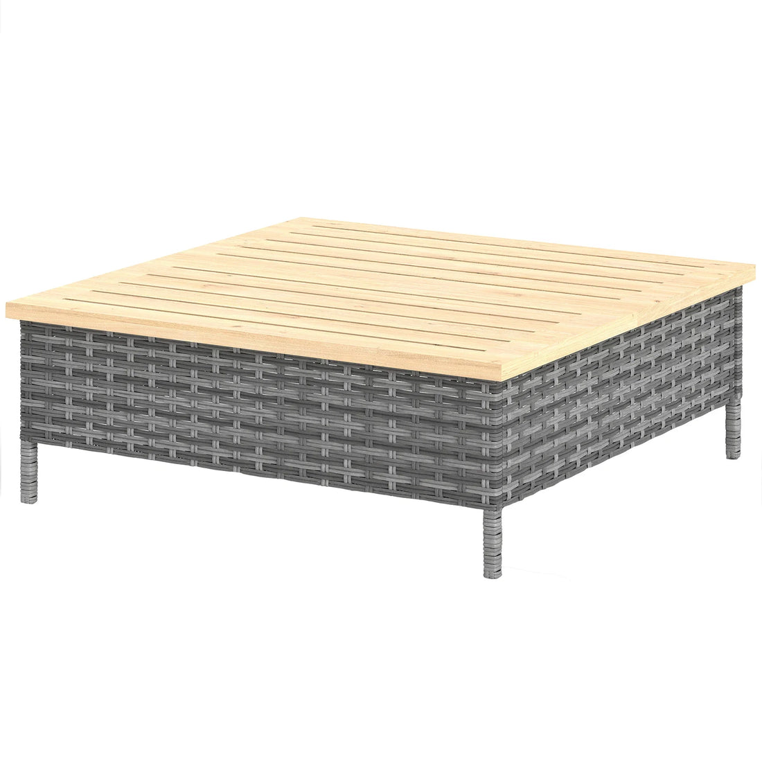 Outdoor Side Table with PE Rattan, Patio End Table with Wood Top