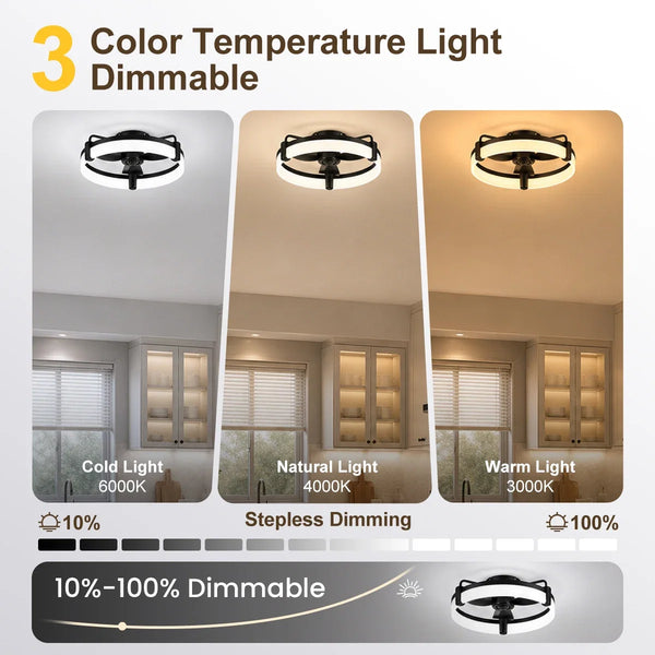 Aiopp Ultra Quiet Round Fan Light Indoor, Dimmable 6 Speed Reversible DC Motor Flush Mount LED Ceiling Fan for Livingroom Bedroom Kitchen